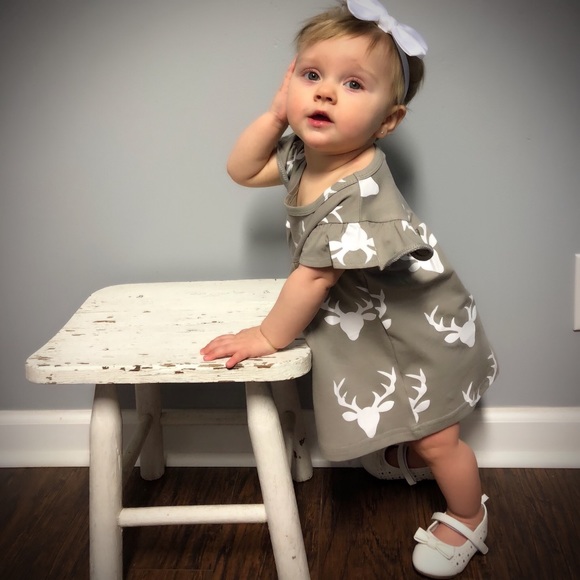 Gray & White Deer Print Baby Infant Dress - Picture 2 of 8